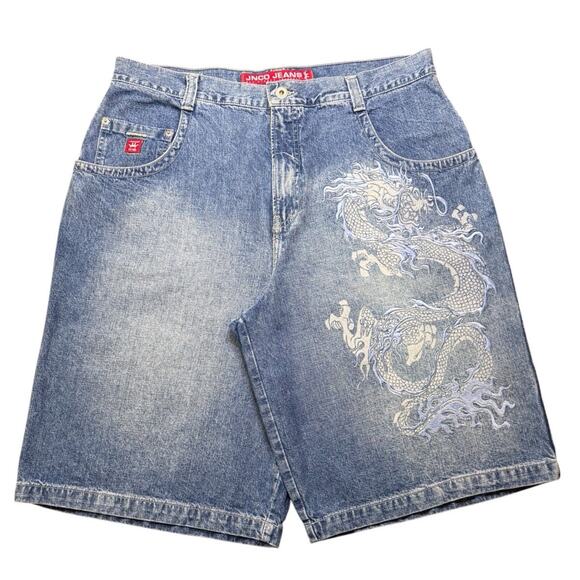 JNCO Other - Rare JNCO denim shorts mens size size 38 Y2K dragon design embroidery baggy